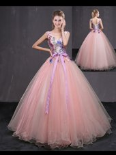 Artistic Baby Pink Tulle Lace Up V-neck Sleeveless Floor Length 15th Birthday Dress Appliques and Belt