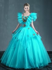 Aqua Blue Lace Up Sweet 16 Quinceanera Dress Embroidery Sleeveless Floor Length