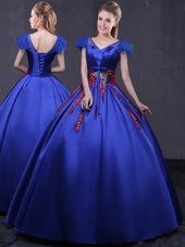 Smart Royal Blue Cap Sleeves Satin Lace Up Quinceanera Dresses for Military Ball and Sweet 16 and Quinceanera