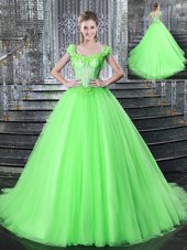 Fashionable Straps Straps Ball Gowns Beading and Appliques 15 Quinceanera Dress Lace Up Tulle Sleeveless With Train