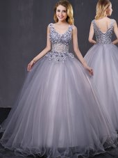 Custom Made Grey Quince Ball Gowns Military Ball and Sweet 16 and Quinceanera and For with Appliques Sleeveless Lace Up