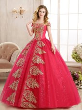 Hot Selling Off the Shoulder Red Sleeveless Floor Length Appliques and Sequins Lace Up 15 Quinceanera Dress