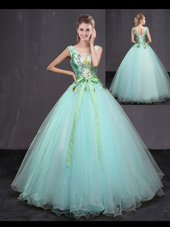 Stunning Aqua Blue Lace Up V-neck Appliques and Belt Quinceanera Dress Tulle Sleeveless