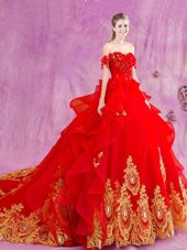Tulle Off The Shoulder Sleeveless Court Train Lace Up Beading and Appliques and Ruffles Quinceanera Dresses in Red