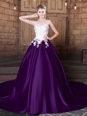 Elastic Woven Satin Scoop Sleeveless Court Train Lace Up Lace and Appliques Quinceanera Gown in Dark Purple