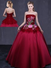 Floor Length Wine Red Vestidos de Quinceanera Satin Sleeveless Embroidery