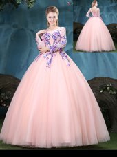 Modern Scoop Floor Length Ball Gowns Long Sleeves Baby Pink Sweet 16 Quinceanera Dress Lace Up