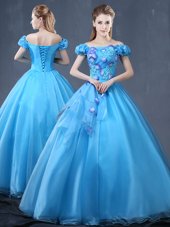 Inexpensive Floor Length Baby Blue Vestidos de Quinceanera Off The Shoulder Short Sleeves Lace Up