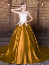 Scoop Lace and Appliques Sweet 16 Quinceanera Dress Gold Lace Up Sleeveless Floor Length Court Train
