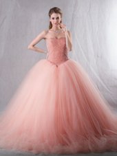 High Class Peach Tulle Lace Up Sweetheart Sleeveless With Train Ball Gown Prom Dress Brush Train Beading