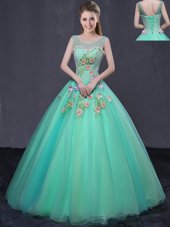 Turquoise Organza Lace Up Scoop Sleeveless Floor Length Sweet 16 Dresses Beading and Appliques