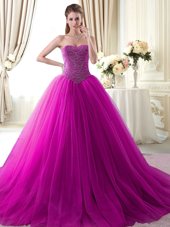 Custom Fit Sweetheart Sleeveless Brush Train Lace Up Quince Ball Gowns Fuchsia Tulle