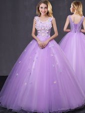 Exquisite Scoop Half Sleeves 15th Birthday Dress Floor Length Lace and Appliques Lavender Tulle