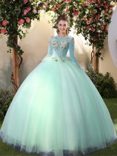 Sumptuous Scoop Apple Green Long Sleeves Appliques Floor Length Sweet 16 Dress