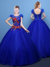 Great Royal Blue Ball Gowns Tulle Scoop Short Sleeves Appliques Floor Length Lace Up Ball Gown Prom Dress