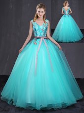 Free and Easy Appliques and Belt Sweet 16 Dresses Aqua Blue Lace Up Sleeveless Floor Length