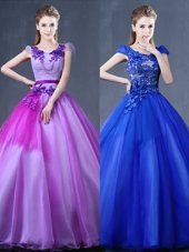 Purple Short Sleeves Organza Lace Up Quinceanera Dress for Military Ball and Sweet 16 and Quinceanera