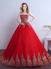 Pretty Red Strapless Neckline Appliques and Sequins 15th Birthday Dress Sleeveless Lace Up