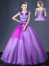 Latest Lace and Appliques Sweet 16 Dress Lavender Lace Up Short Sleeves Floor Length