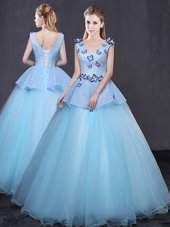Cute Floor Length Ball Gowns Sleeveless Light Blue Vestidos de Quinceanera Lace Up