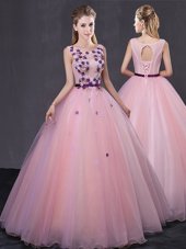 High End Scoop Baby Pink Ball Gowns Appliques 15 Quinceanera Dress Lace Up Tulle Sleeveless Floor Length