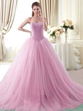 Rose Pink Quinceanera Gown Military Ball and Sweet 16 and Quinceanera and For with Beading Sweetheart Sleeveless Brush Train Lace Up