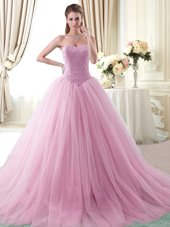 Rose Pink Quinceanera Gown Military Ball and Sweet 16 and Quinceanera and For with Beading Sweetheart Sleeveless Brush Train Lace Up