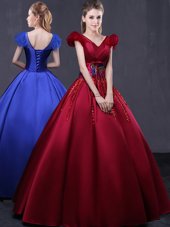 Cap Sleeves Floor Length Appliques Lace Up Quince Ball Gowns with Wine Red