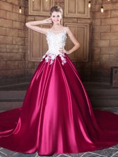 Scoop Sleeveless Elastic Woven Satin Quince Ball Gowns Lace and Appliques Court Train Lace Up