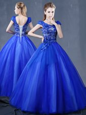 Royal Blue Lace Up Sweet 16 Dresses Lace and Appliques Short Sleeves Floor Length