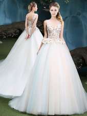 Fabulous White Sleeveless Tulle Brush Train Lace Up Sweet 16 Dresses for Military Ball and Sweet 16 and Quinceanera