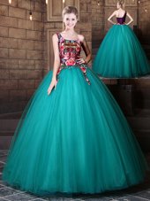 Ball Gowns 15 Quinceanera Dress Teal One Shoulder Tulle Sleeveless Floor Length Lace Up