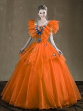 Modest Orange Red Ball Gowns Appliques and Ruffles Quinceanera Gown Lace Up Organza Sleeveless Floor Length