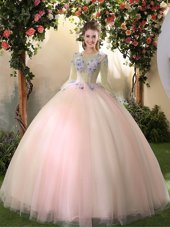 On Sale Scoop Peach Lace Up 15 Quinceanera Dress Appliques Long Sleeves Floor Length