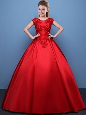 Popular Scoop Cap Sleeves Lace Up Floor Length Appliques Quinceanera Dress