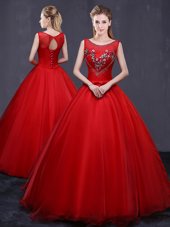 Scoop Red Lace Up Sweet 16 Dress Beading and Embroidery Sleeveless Floor Length