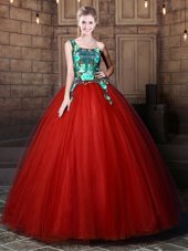 Deluxe One Shoulder Rust Red Sleeveless Tulle Lace Up 15th Birthday Dress for Military Ball and Sweet 16 and Quinceanera