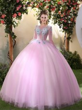 High End Tulle Scoop Long Sleeves Lace Up Appliques Quinceanera Dresses in Lilac