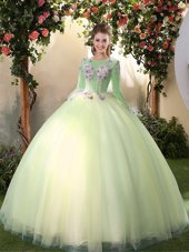Scoop Long Sleeves Floor Length Appliques Lace Up Sweet 16 Dresses with Light Yellow
