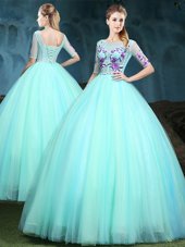 Spectacular Tulle Scoop Half Sleeves Lace Up Appliques 15th Birthday Dress in Apple Green