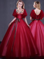Scoop Wine Red Ball Gowns Appliques and Belt Quinceanera Gown Lace Up Tulle Short Sleeves Floor Length