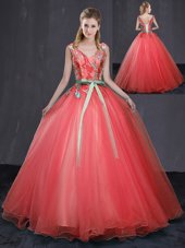 Coral Red Ball Gowns Appliques and Belt 15 Quinceanera Dress Lace Up Tulle Sleeveless Floor Length