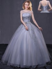 Light Blue Sleeveless Tulle Lace Up Sweet 16 Dress for Military Ball and Sweet 16 and Quinceanera