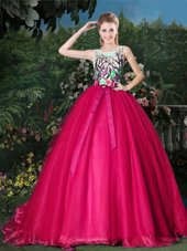 Scoop Zipper Ball Gown Prom Dress Hot Pink and In for Military Ball and Sweet 16 and Quinceanera with Appliques and Belt Brush Train
