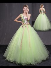 Yellow Green Tulle Lace Up V-neck Sleeveless Floor Length Quinceanera Gowns Appliques and Belt