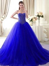 Sleeveless Brush Train Lace Up With Train Beading Quinceanera Gowns
