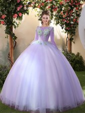 Scoop 3|4 Length Sleeve Sweet 16 Quinceanera Dress Floor Length Appliques Lavender Tulle