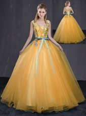 V-neck Sleeveless 15th Birthday Dress Floor Length Appliques and Belt Gold Tulle