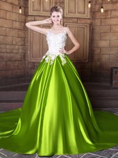 Free and Easy Scoop With Train Yellow Green Quinceanera Gown Elastic Woven Satin Court Train Sleeveless Lace and Appliques