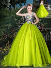 Latest Scoop A-line Sleeveless Yellow Green Quince Ball Gowns Court Train Lace Up